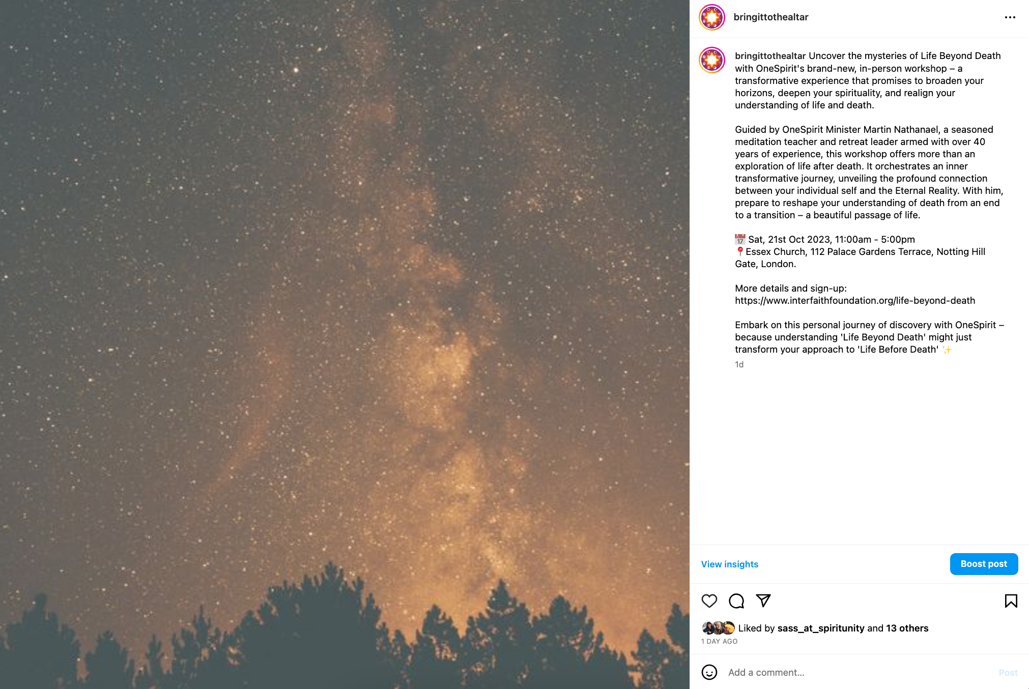 A screenshot of a post on the OneSpirit Instagram. The image displays the galaxy over a forest tree line. 