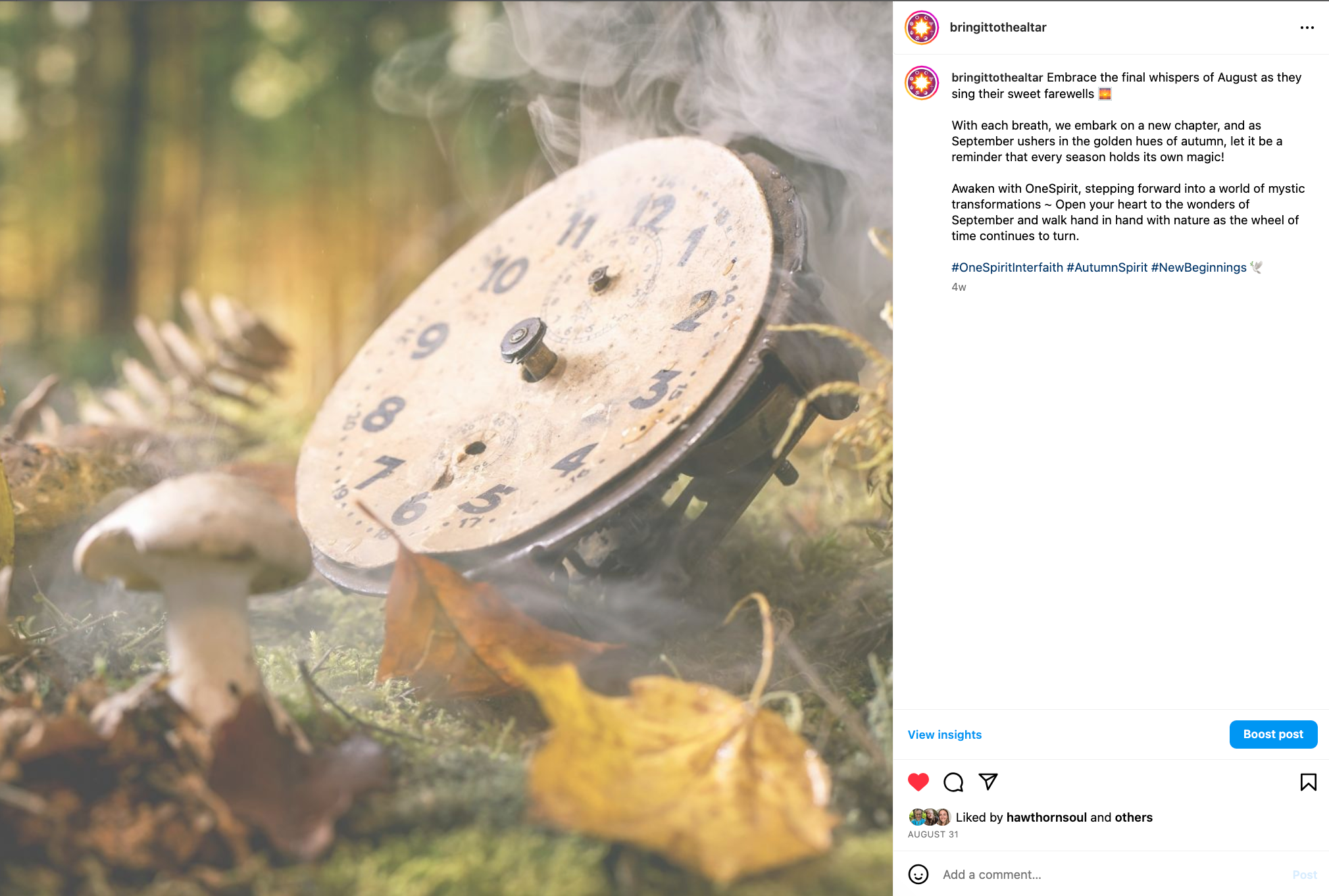A screenshot of a post made on the OneSpirit Instagram. The image shows a clock surrounded by autumnal things, like leaves, mushrooms, and trees.