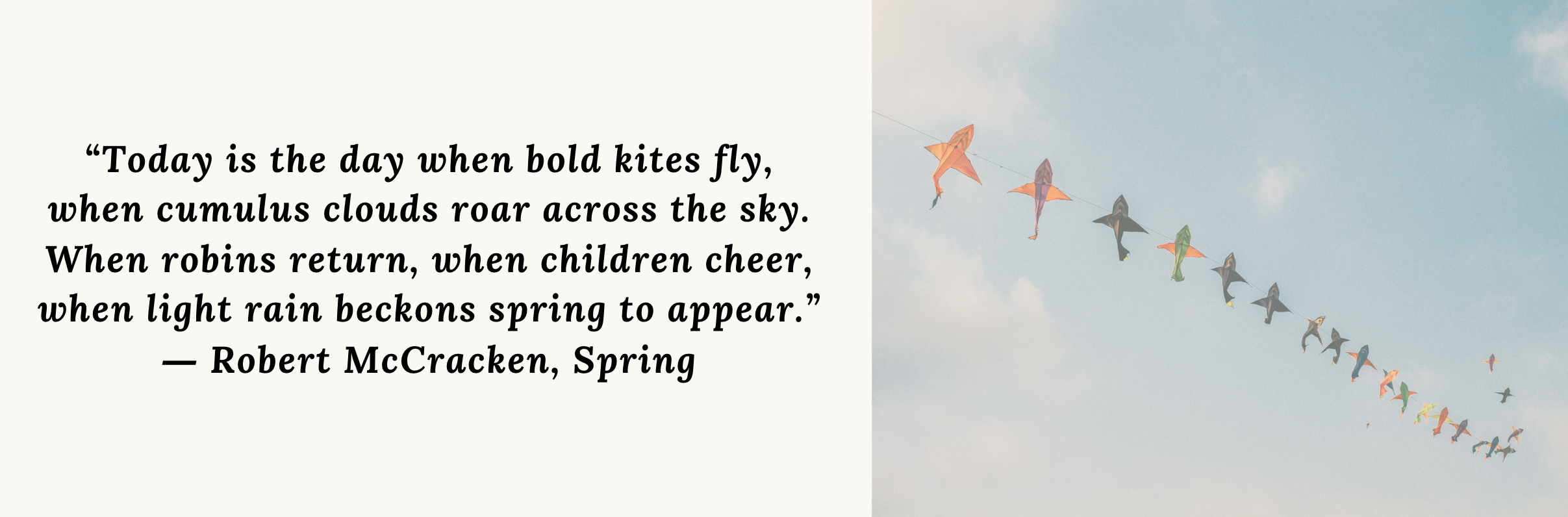 “Today is the day when bold kites fly,<br />
when cumulus clouds roar across the sky.<br />
When robins return, when children cheer,<br />
when light rain beckons spring to appear.”<br />
― Robert McCracken, Spring